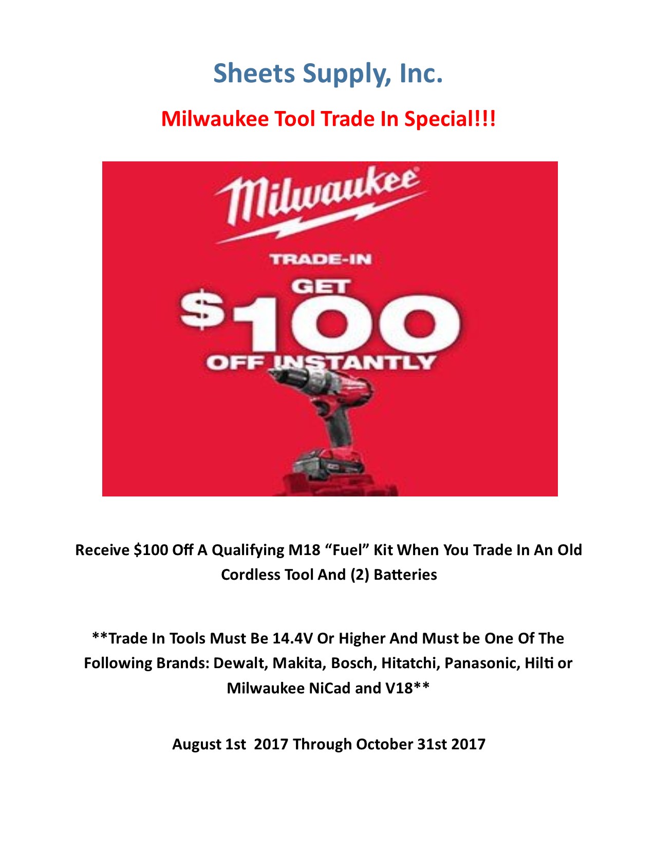 Milwaukee Trade In Special 2017 Sheets Supply, Inc.